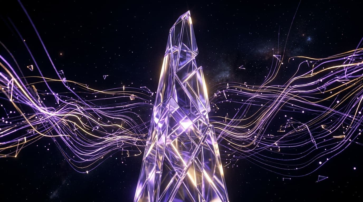 3D crystalline monolith and luminous data streams